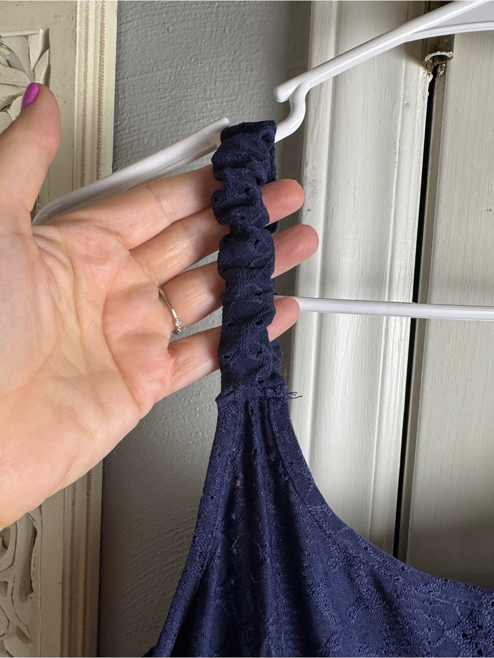 NWOT Navy Eyelet Swim Cover Up Dress Large Stretch Waist Pockets Beach Resort - Picture 4 of 7